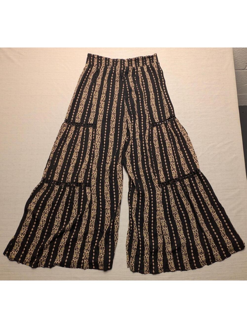 Angie Boho Floral Wide Leg Vented Pants Black Beije Elastic Waist Size L